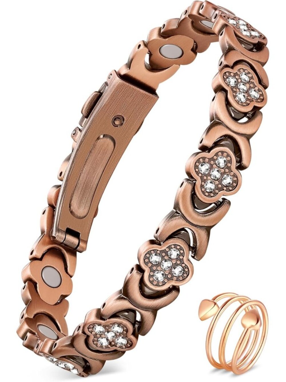 Adjustable Magnetic Copper Bracelet & Ring Set for Women, Sparkling Zirconia